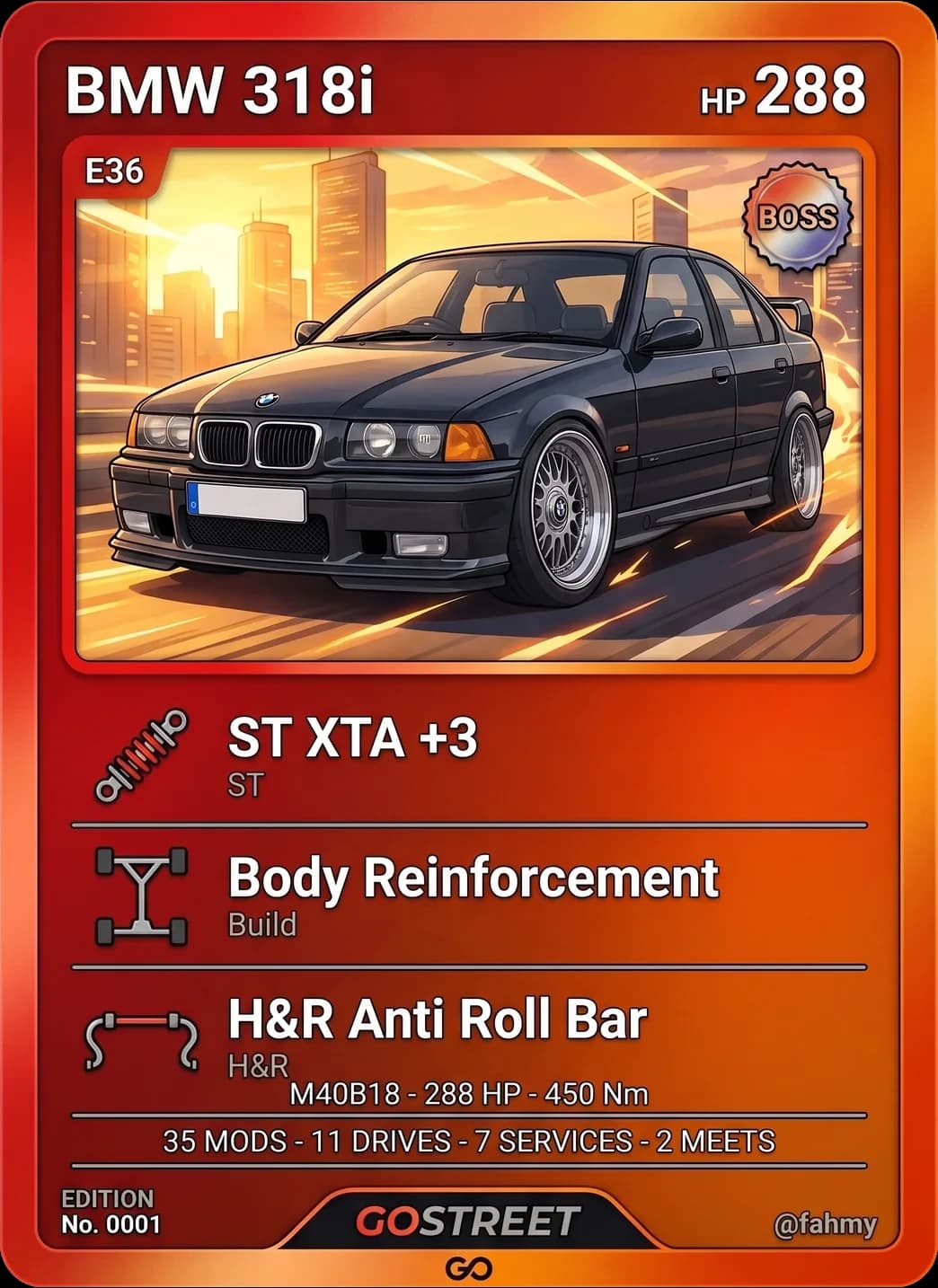 Go Card of a BMW 318i E36 — Boss tier, drawn by the Gostreet art engine