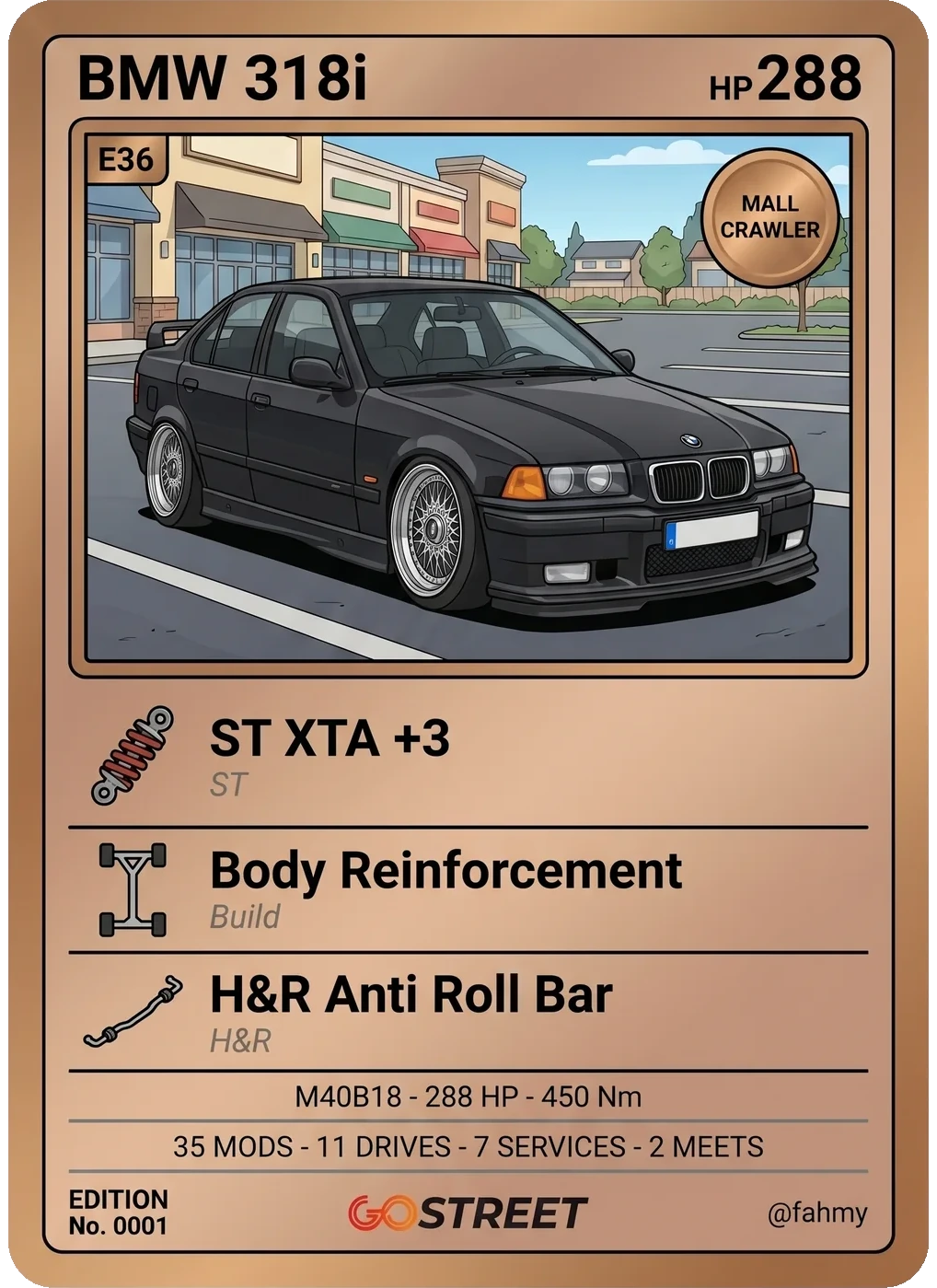 Go Card of a BMW 318i E36 — Mall Crawler tier, drawn by the Gostreet art engine