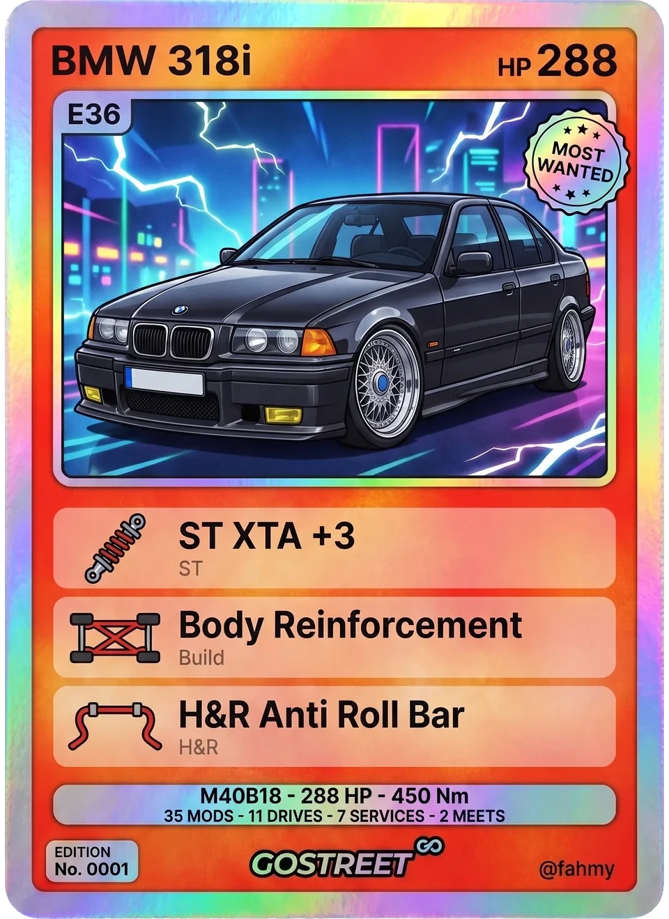 Go Card of a BMW 318i E36 — Most Wanted tier, drawn by the Gostreet art engine