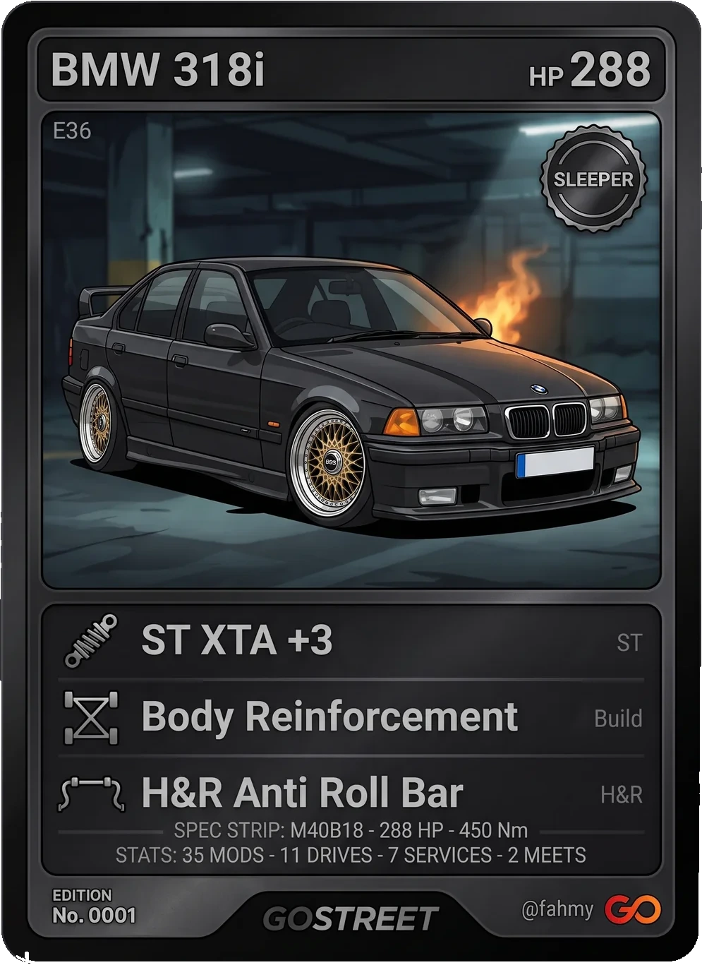 Go Card of a BMW 318i E36 — Sleeper tier, drawn by the Gostreet art engine
